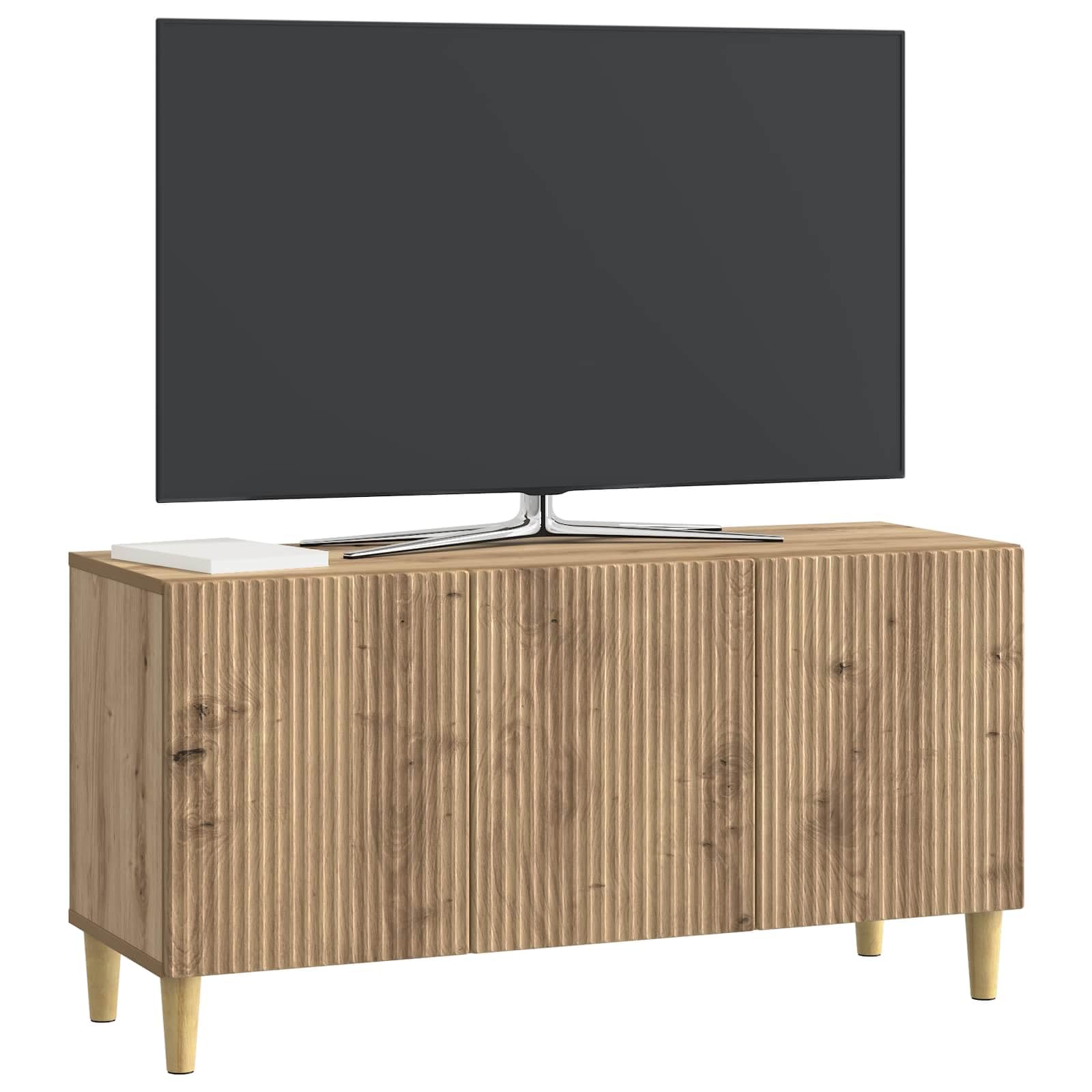 Mobile TV basso in rovere Artisan, 99 x 34,5 x 50 cm, mobile TV vintage con 3 ante e gambe coniche, unità multimediale stabile, credenza per soggiorno