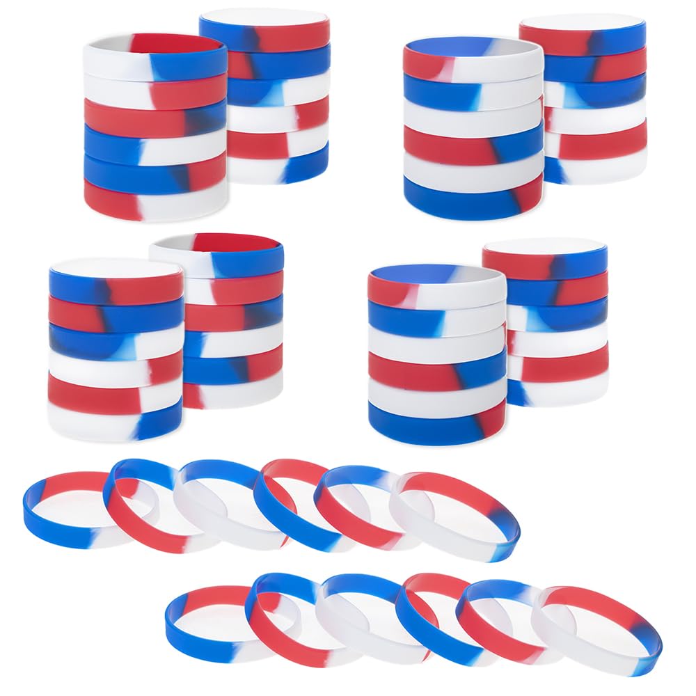 Muka 60 PCS Silicone Bracelets Colored Rubber Wristband for Events-Red White Blue-Adult: 8 x 1/2 inch