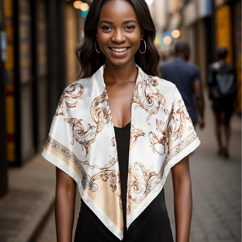 Large Square Silk Neck Scarf, Like Silk Head Scarves for Women 35โ Satin Scarf-Beige