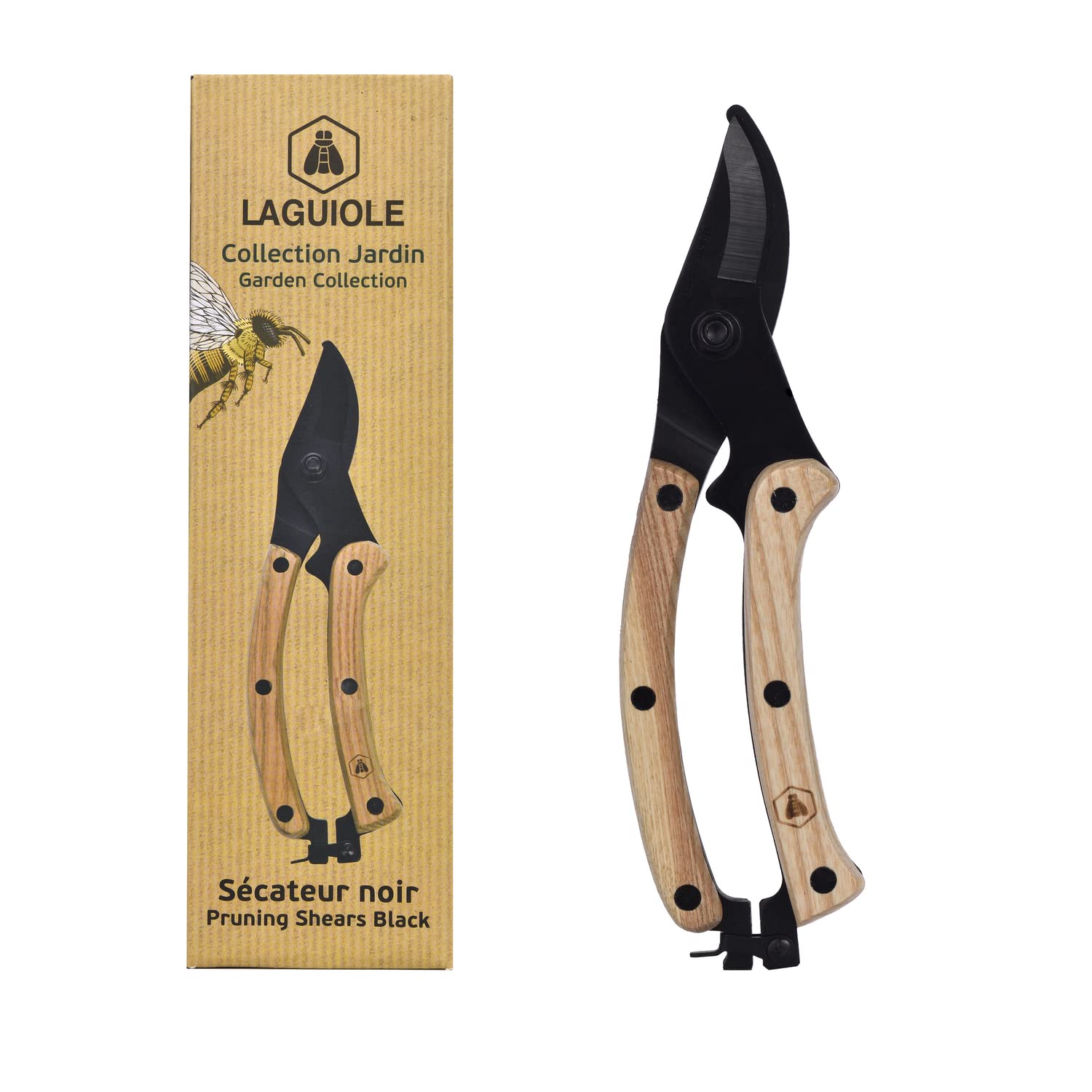 LAGUIOLE - LAGUIOLE, 40269057, Sécateur Noir et Bois, Léger, Branches et Rameaux Frais, Ergonomique, Jardinage, Lame en Acier Inoxydable, Manche en Bois de Frêne Naturel, Noir