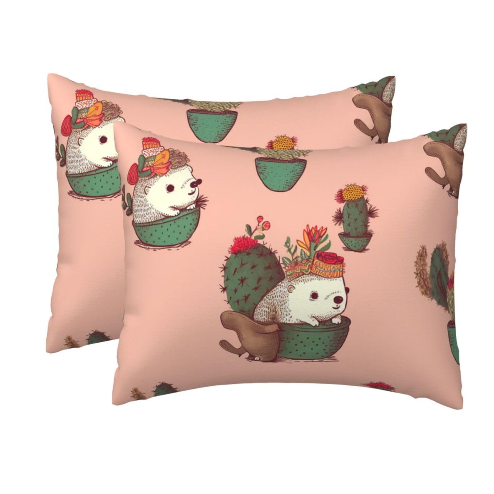 2 Pack Standard Size Pillow Cases for Hair and Skin Soft Breathable Pillow Case Covers with Hidden Zipper Hedgehog and Cactus Pillowcase 20x26 Inches Pillow Cover for Sleeping Gift