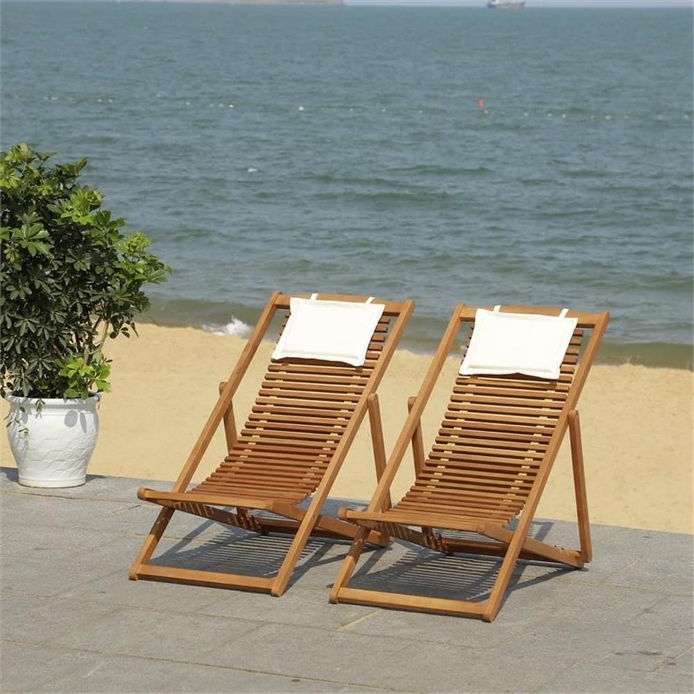 Pemberly Row Set of 2 Outdoor Relax Chairs, Eucalyptus Wood Frame, Natural Finish, Beige Polyester Pillow, Weather-Resistant, 38.58"H x 23.62"W x 37.6"D, Patio, Deck, Garden or Poolside Lounge Seating