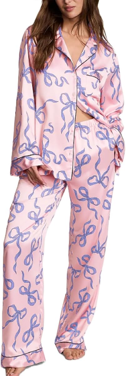 Womens Silk Christmas Pajamas Satin 2 Piece Xmas Bow Tie Pjs Long Sleeve Button Shirts and Pj Pants Set Loungewear