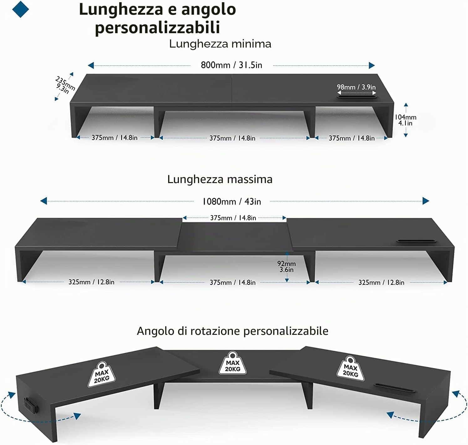 BONTEC Supporto per Doppio Monitor e Smartphone Regolabile in Legno, Organizer da Tavolo fino a 20kg, Nero