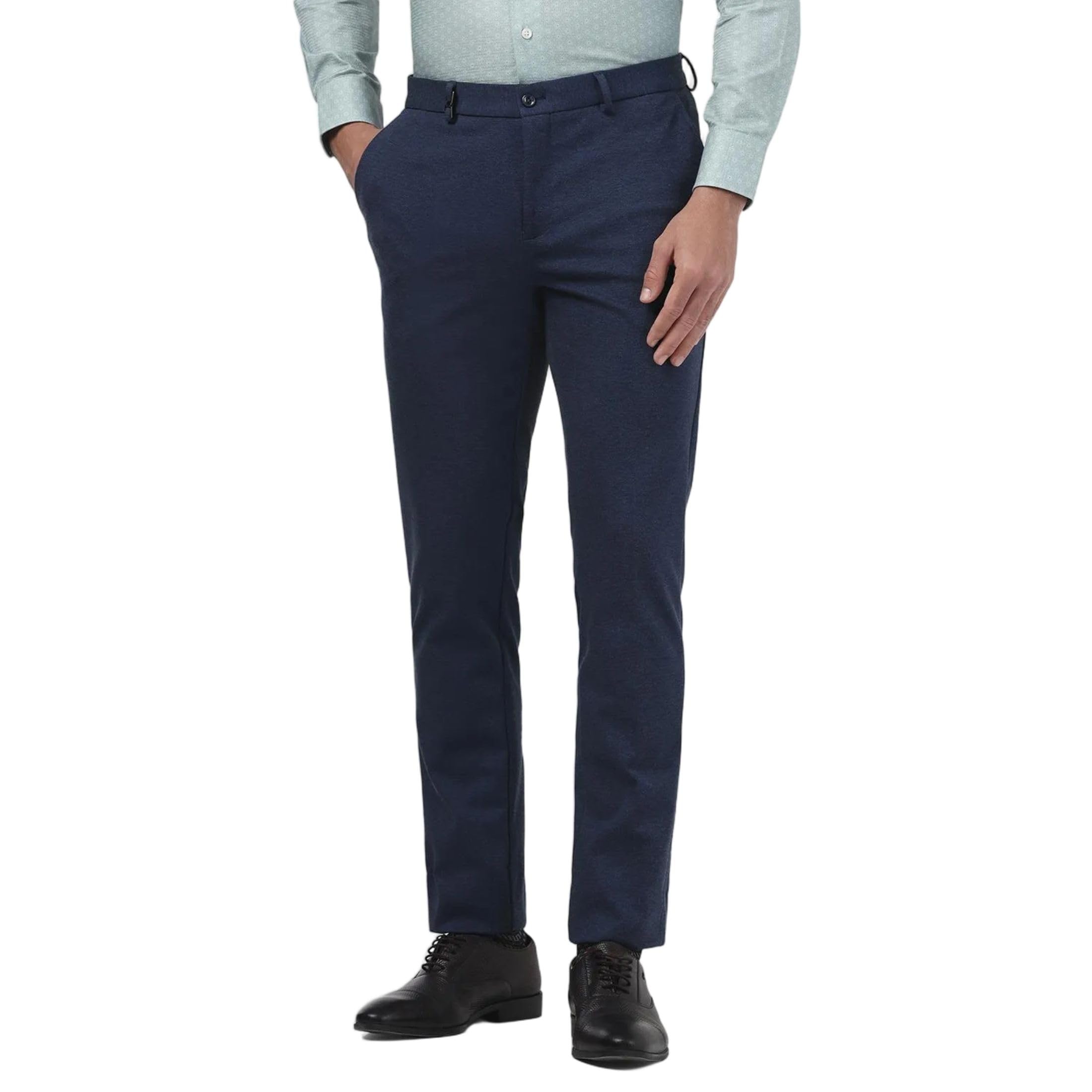 Men's Navy Peony Polyester Blend Slim Formal Trousers-image-31
