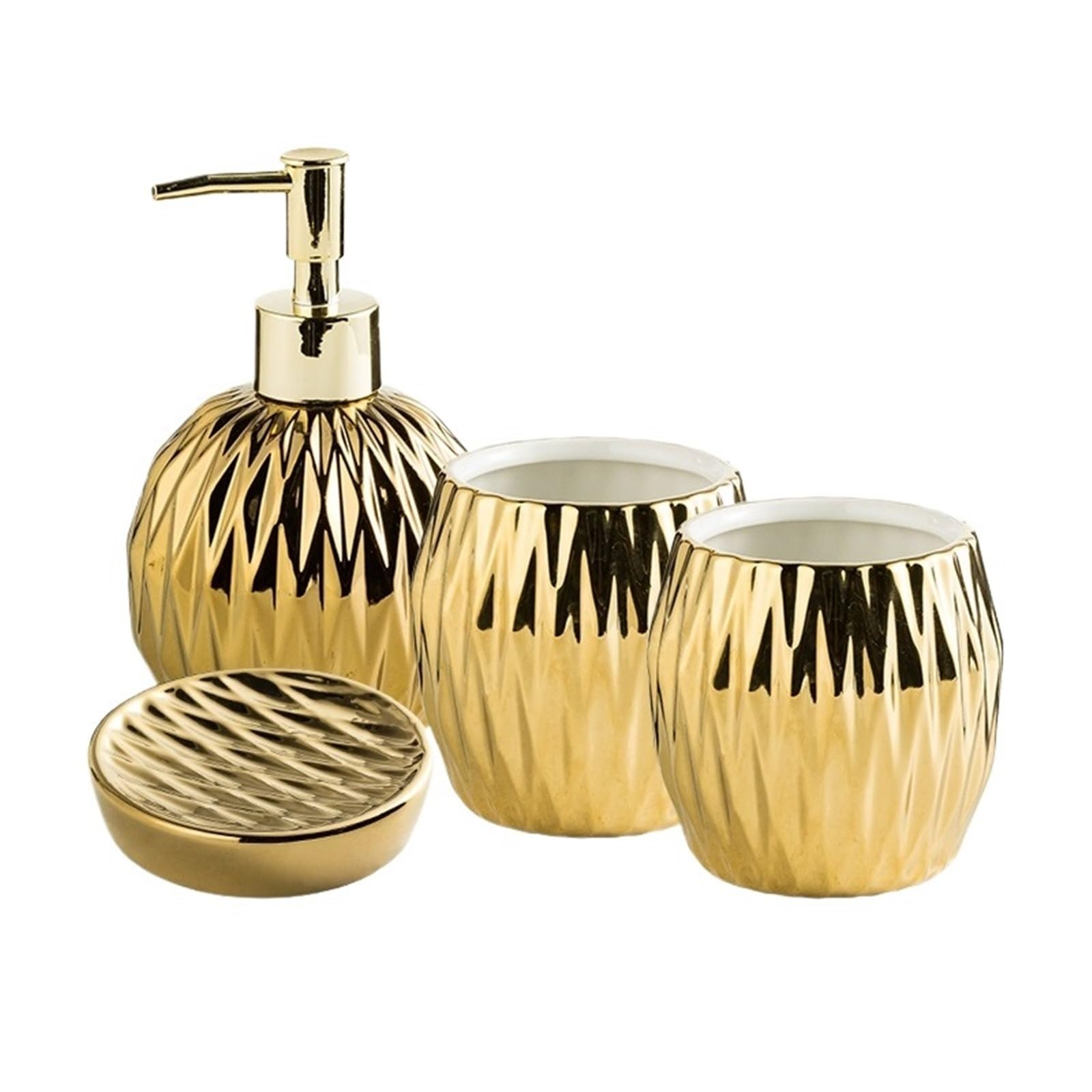 Dispensador de jabón líquido Juego de baño cerámica Lujo Ligero 5 Piezas Que Incluye dispensador jabón, Vaso for Enjuague bucal y jabonera(Gold)