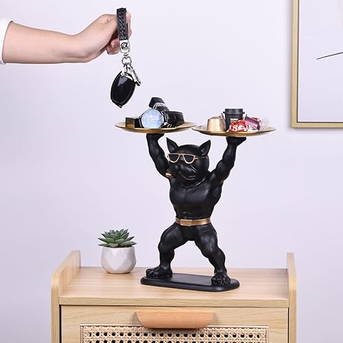 Miniatura 4 de YUNSHID Estatua de bulldog francés de resina de 10.63 pulgadas con 2 bandejas, almacenamiento multifuncional para joyas de dulces, estatua de perro