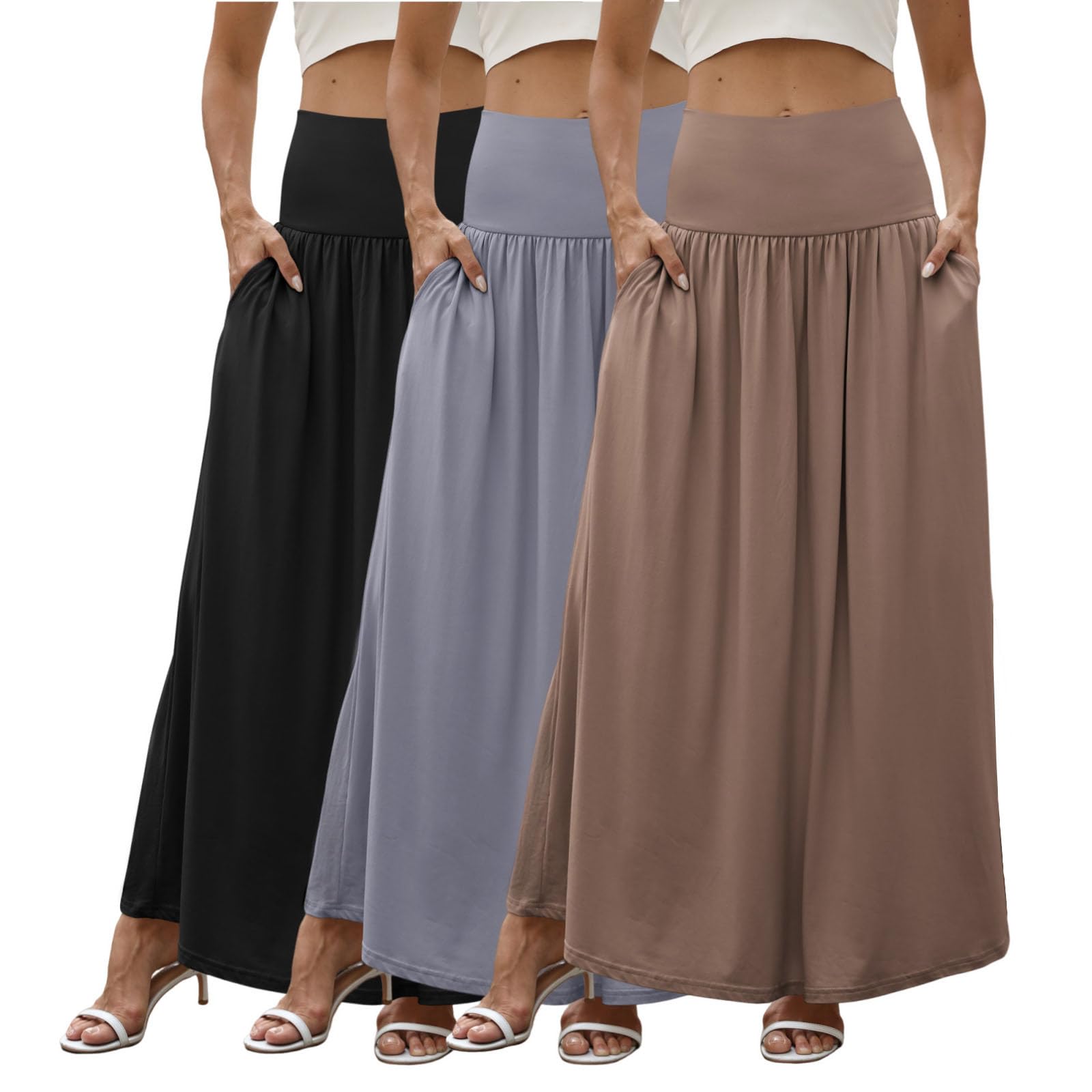 3 Pack Womens Maxi Skirts Elastic High Waist Pleated Flowy a Line Long Skirts for Curvy with Pockets