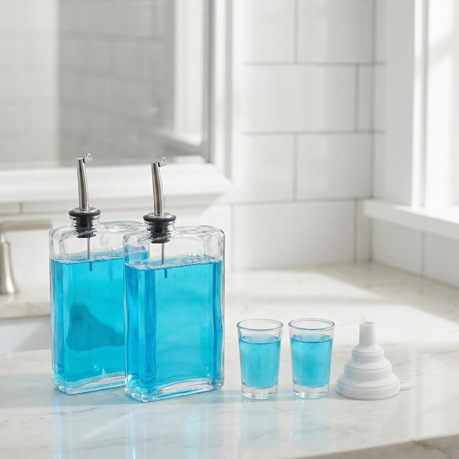 2-Pack Glass Mouthwash Dispenser Set with Cups, 11.8oz/350ml, Silver Nozzle Leak-Proof Bathroom Container, Mouthwash Bottle Holder for Listerine