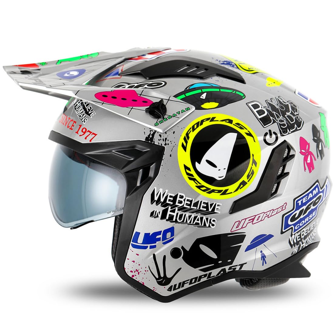 Casco Jet Sheratan Legendary con visiera parasole a scomparsa Trial Street Scooter Moto Argento