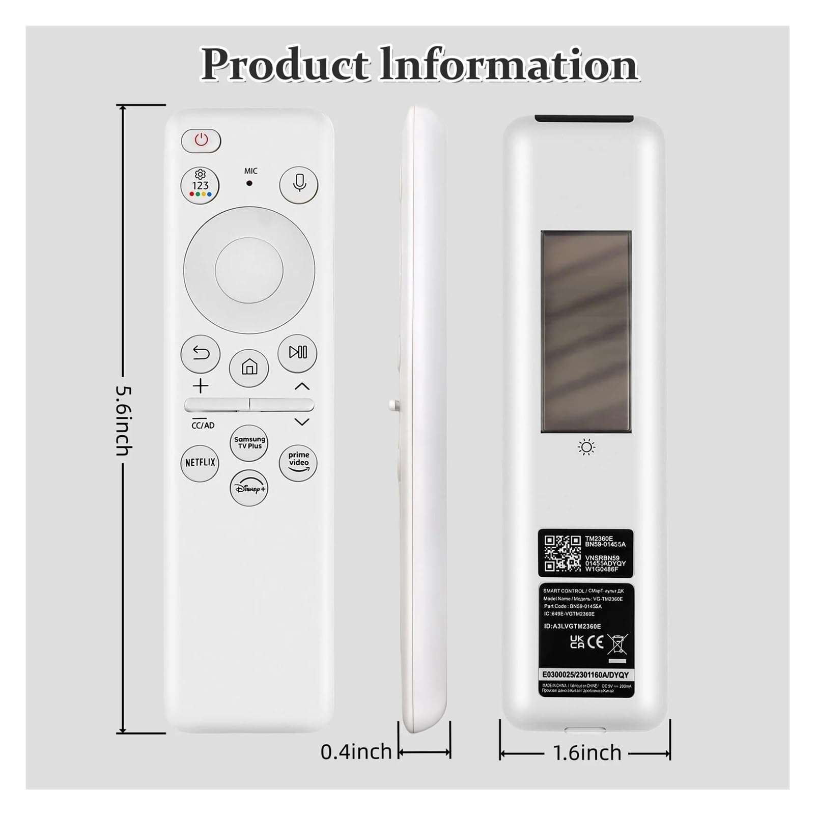 1 Mando a Distancia for TV | BN59-01455A Control remoto por voz solar for con celda recargable Bluetooth apta para(BN59-01455A-Solar-W)