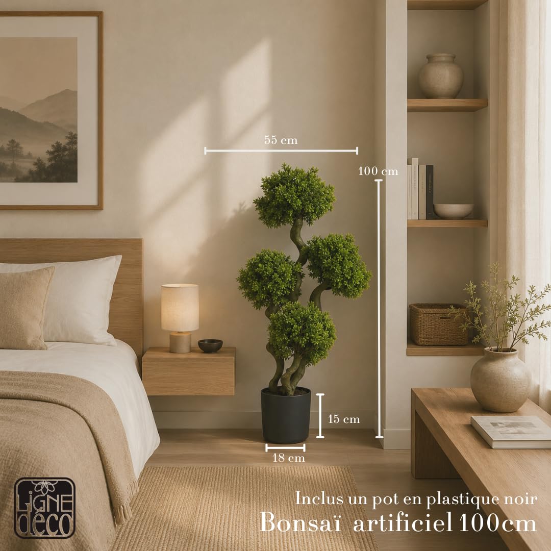 Ligne Déco – Bonsaï Artificiel 100cm | Pot Plastique Noir Intérieur Imitation Terre