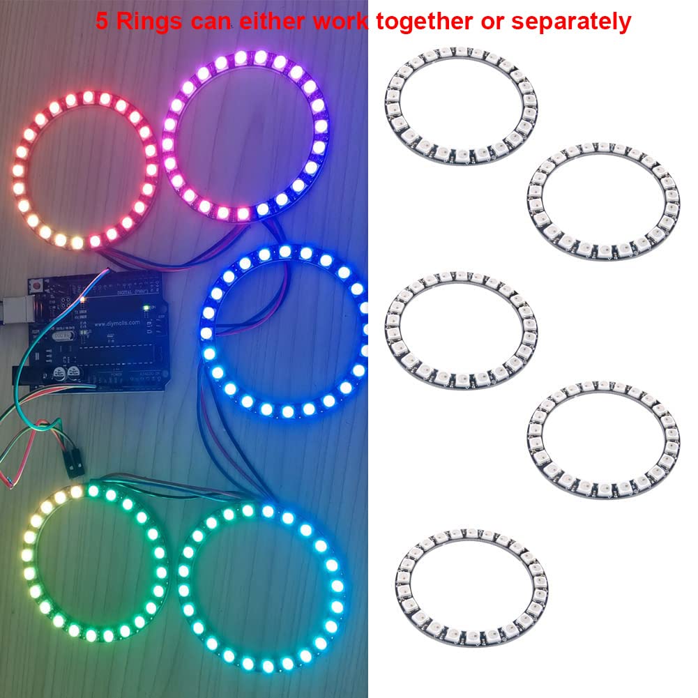 WS2812 RGB LED 24 bits 24 X LED WS2812B 5050 Lumière pleine couleur Anneau adressable avec pilote intégré DC 5 V pour Arduino Raspberry Pi ESP32 (5 pièces)