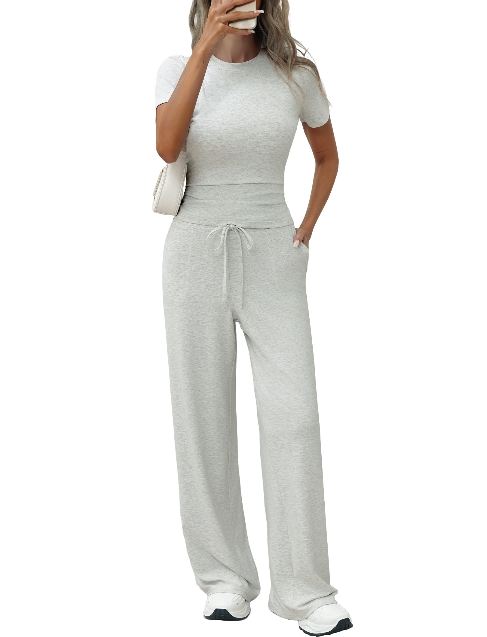 Womens 2 Piece Set Soft Lounge Sets Short Sleeve Slim Tops and High Waisted Wide Leg Pants Outfits