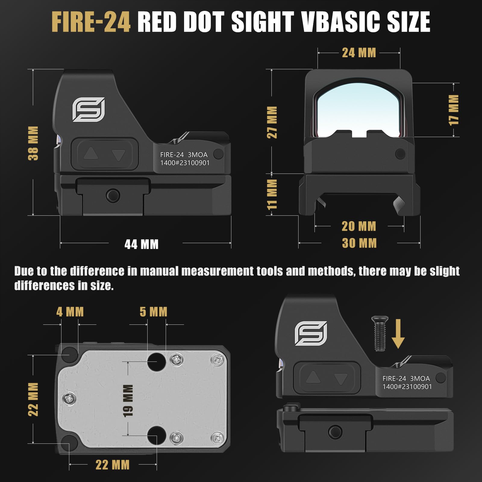 SPINA OPTICS Fire-24 Shake Awake Mirino a punto rosso 3MOA RMR Compatibile Reticolo 24x17mm Obiettivo 21mm Picatinny Base