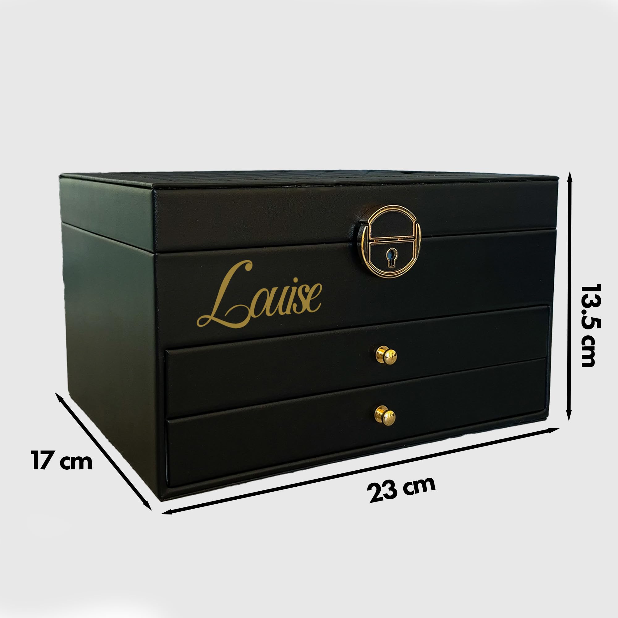 BS Boîte à bijoux pour femme et fille | Boîte à bijoux personnalisée avec prénom, pour cadeau - fête | Rangement bijoux verrouillable à clé, en cuir végan, organisateur bijoux (Noir)