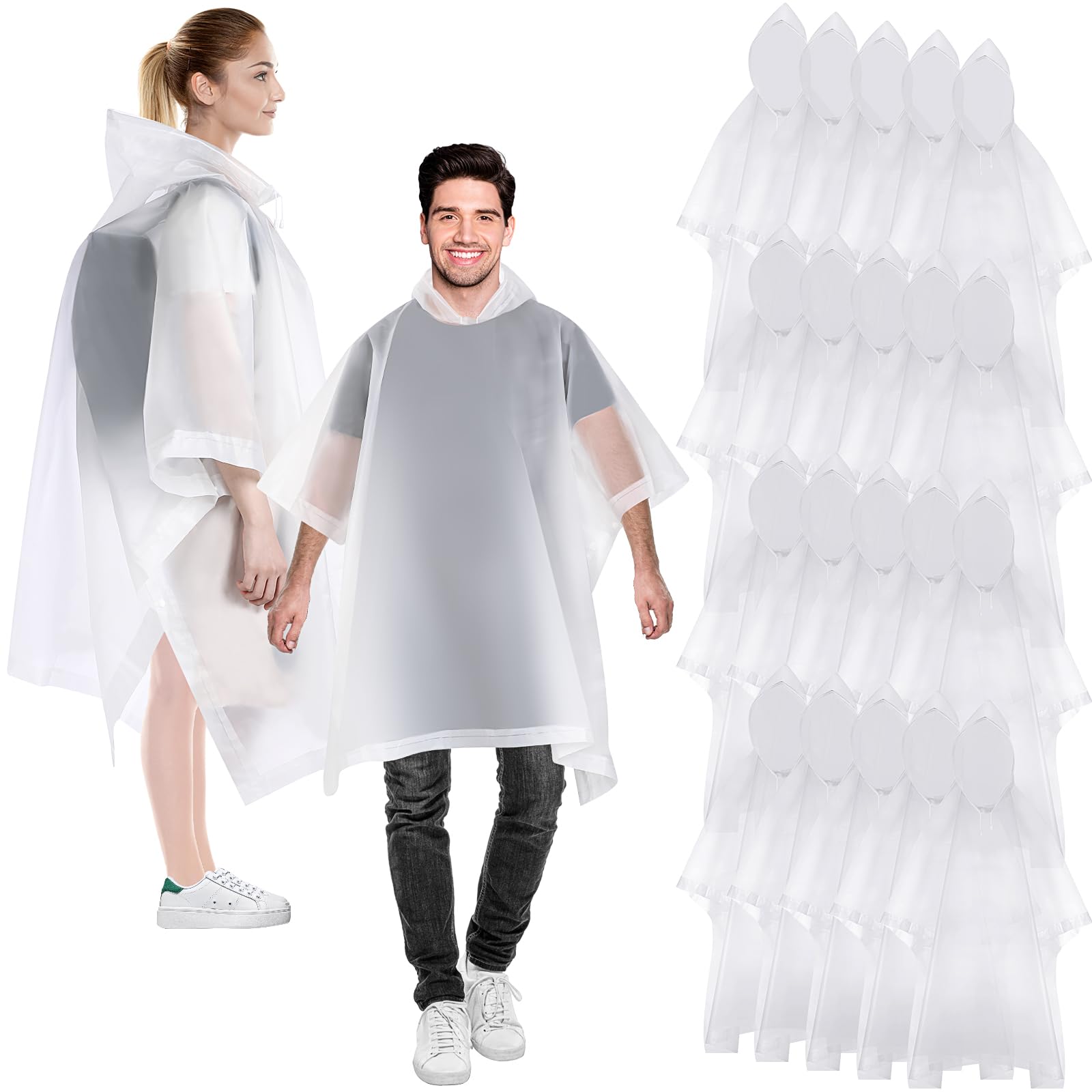Zhehao 20 ponchos de lluvia para adultos con capucha con cordón reutilizable, impermeable, poncho de plástico EVA grueso para mujeres y hombres, camping (blanco)
