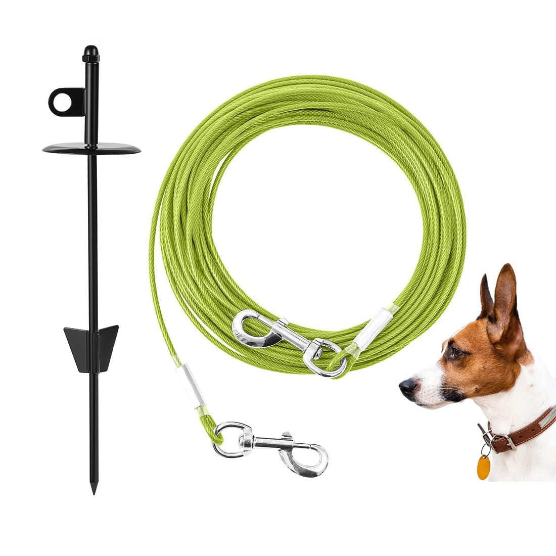 Bodenanker Hund,Erdanker Hund für mittlere Bis Große bis zu 200 lbs,Kein Verheddern Anlegepflöcke für Hunde, zum Eindrehen für Hof Camping (Green-50ft/15M+Black Stake, Green 15M+Black Stake 16in)