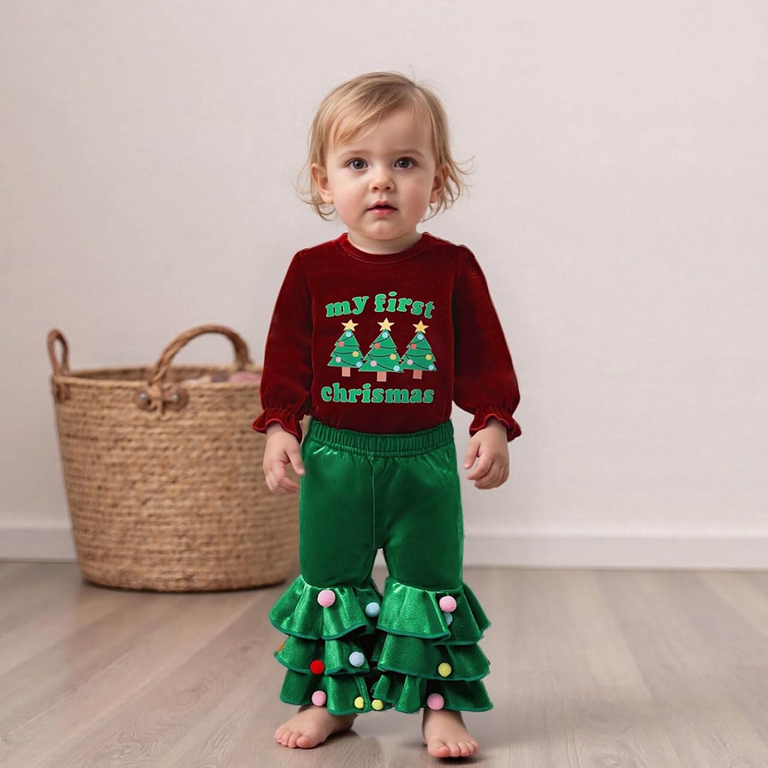 Baby Girl My First Christmas Outfit Velvet Long Sleeve Romper Flared Pants Pompom Bell Bottom 2pcs Clothes Set - Image 8