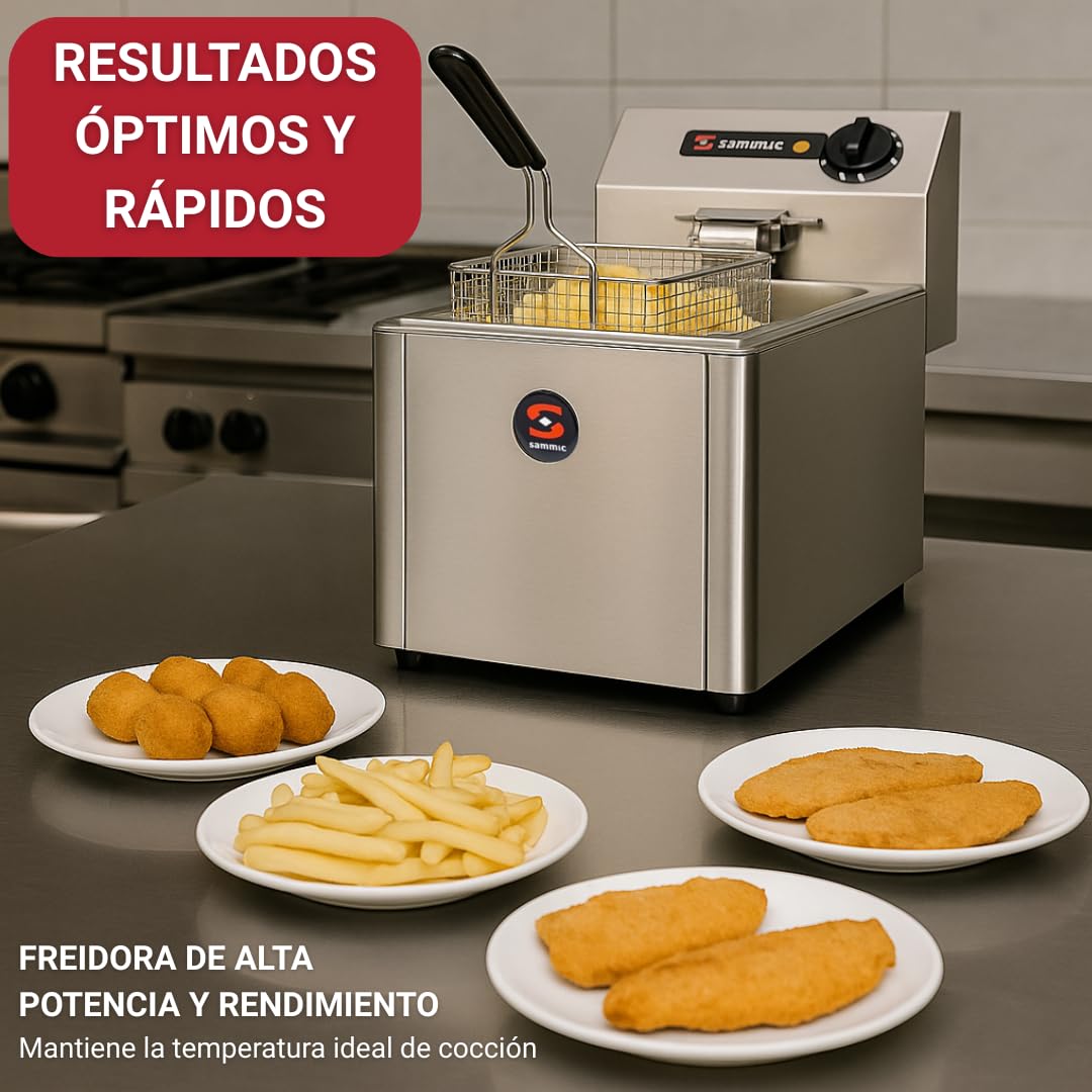 YOMMAK Freidora Aceite Profesional Sammic PF-6 | Freidora Industrial electrica 5L 3000W | Producto Cocina Premium Acero Inoxidable Cuba Desmontable Termostato Regulable | Ideal Hosteleria