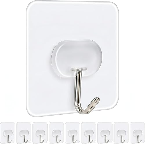 Ganchos adhesivos – Paquete de 32 – transparentes y resistentes, soportan hasta 18 libras – Impermeables, sin daños, sin taladro, ganchos extraíbles