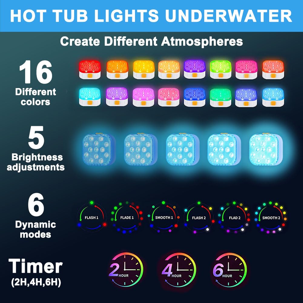 Vicloon Luci LED per Piscina, 2 Pezzi Ricaricabile LED Sommergibili Luci con Telecomando, 6 Modalità 16 Colori RGB, IP68 Impermeabili, per Vasca Idromassaggio Festa SPA Laghetto