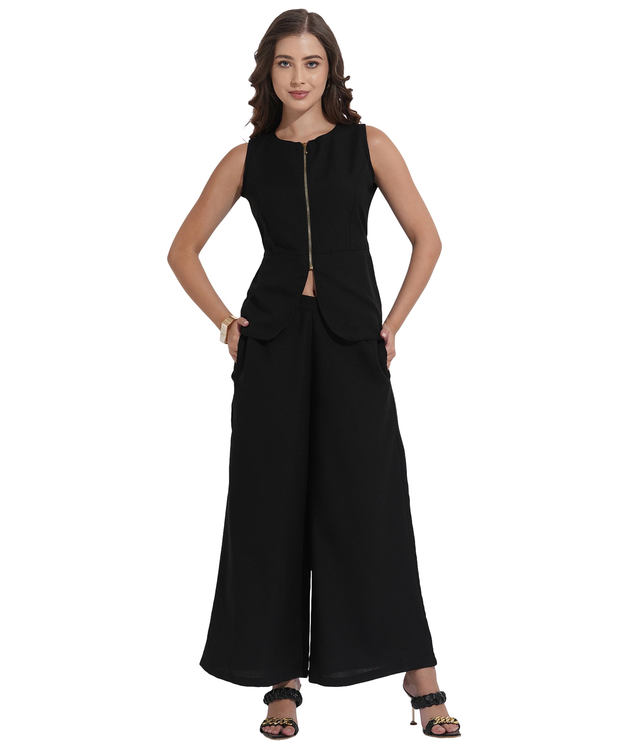 fashfun clothing Fashfun Women's Black Solid Linen Blend Waistcoat with Trouser Cordset-picture-22