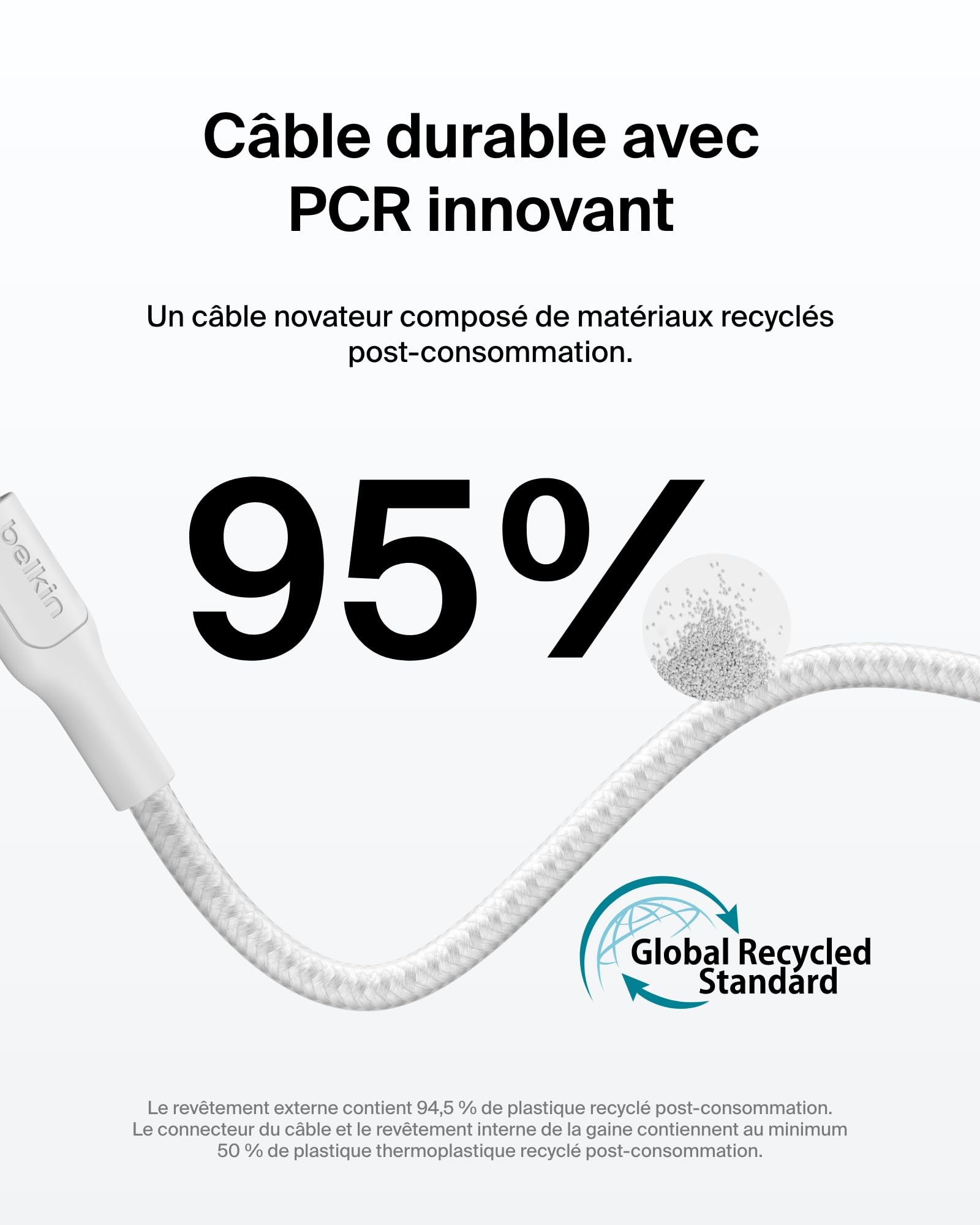 Belkin Eco Câble USB-C vers USB-C avec gaine tressée, 3 m, 240 W, doux au toucher, souple, Câble de recharge rapide, pour iPhone 16, Galaxy S25, Pixel 9, MacBook, iPad Pro, etc. - Blanc (USB 2.0)