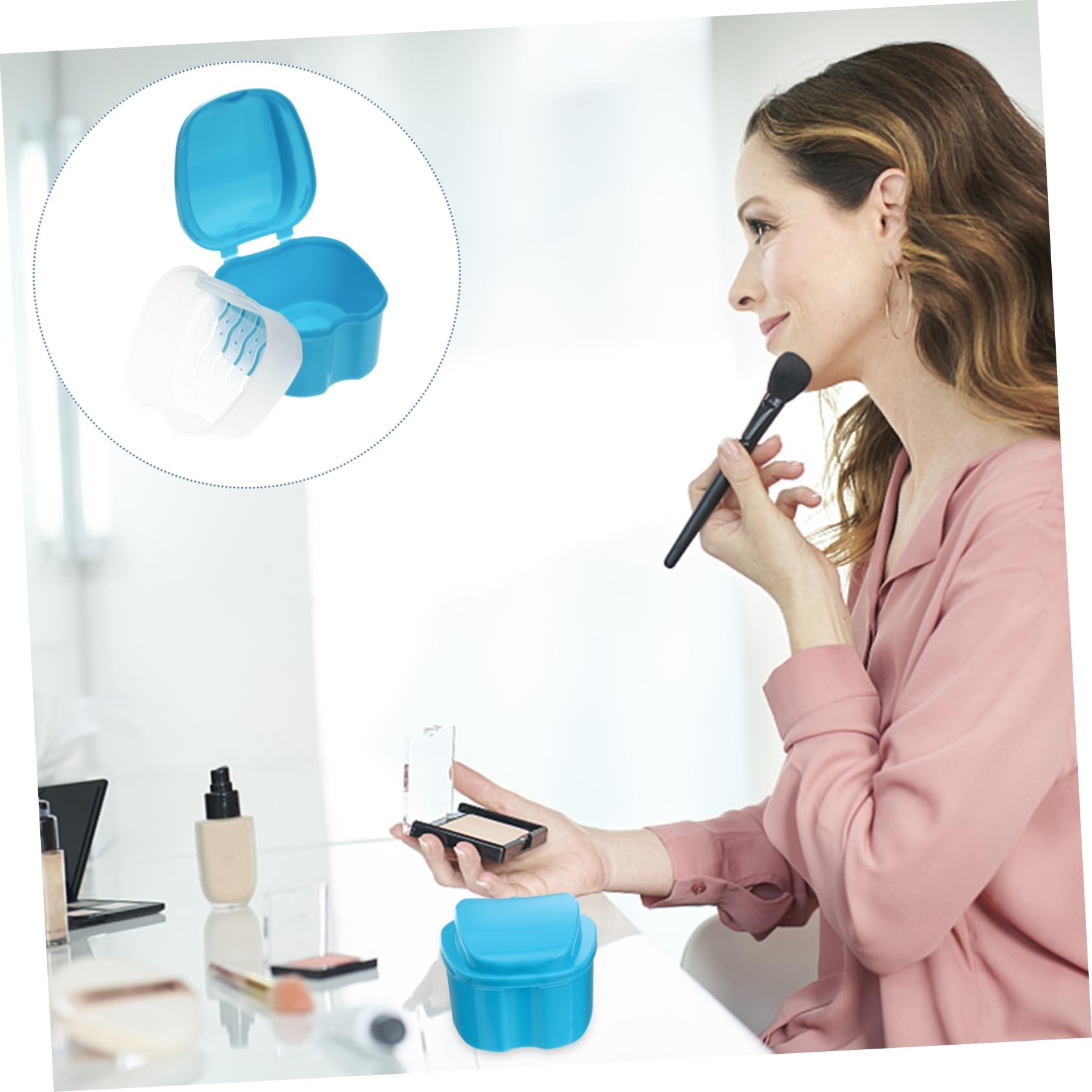 Porta Apparecchio Denti con Cestello per Risciacquo in Pp Blu, Scatola Porta Dentiera Compatta e Facile da Trasportare, per Anziani e Viaggiatori