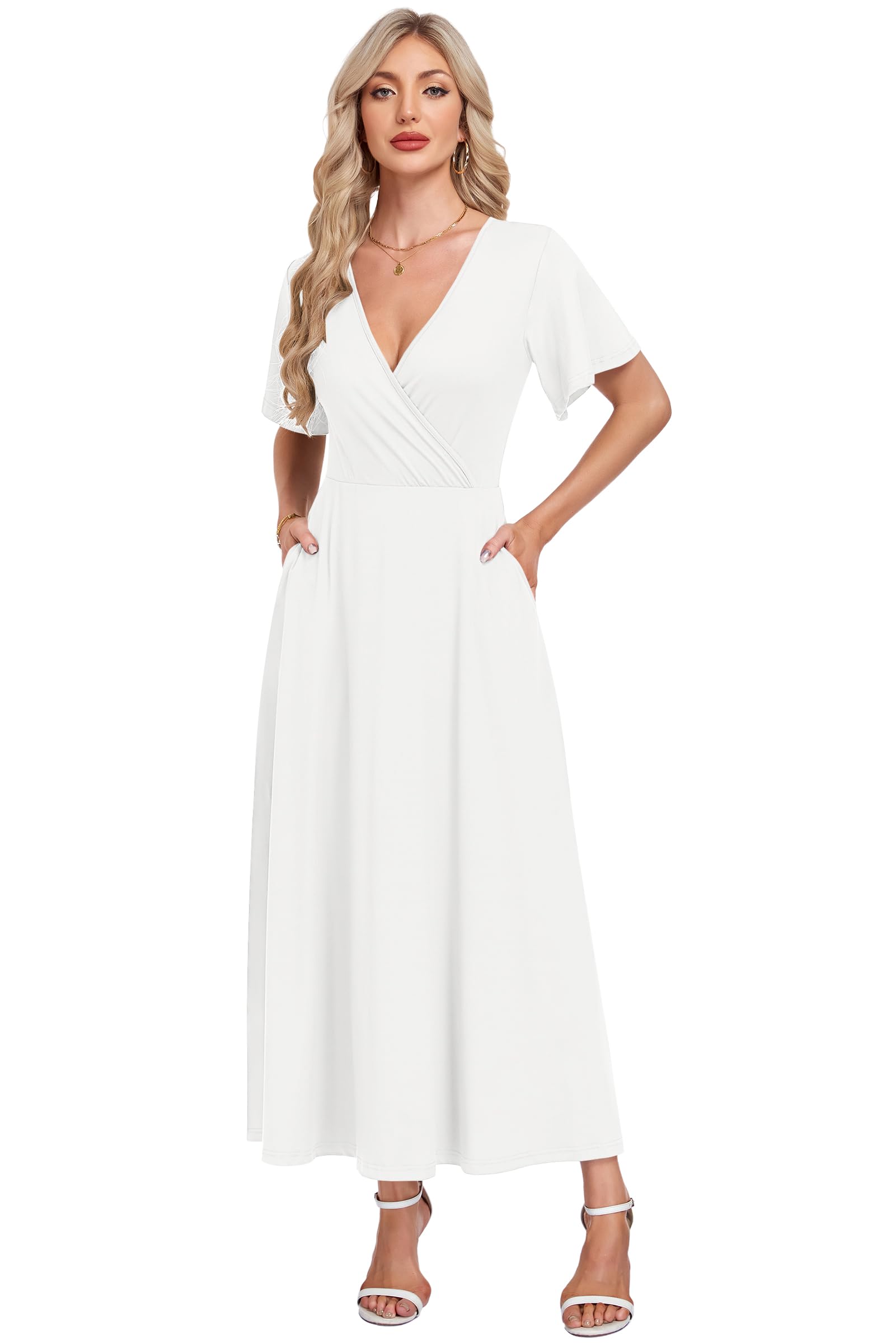 AUSELILY Robe Maxi Femme été 2026 - Robe d'Été Élégante à Manches Courtes Lâches avec Poches et Col V Robe Longue Vacances Plage Robe Femme Léger Confortable