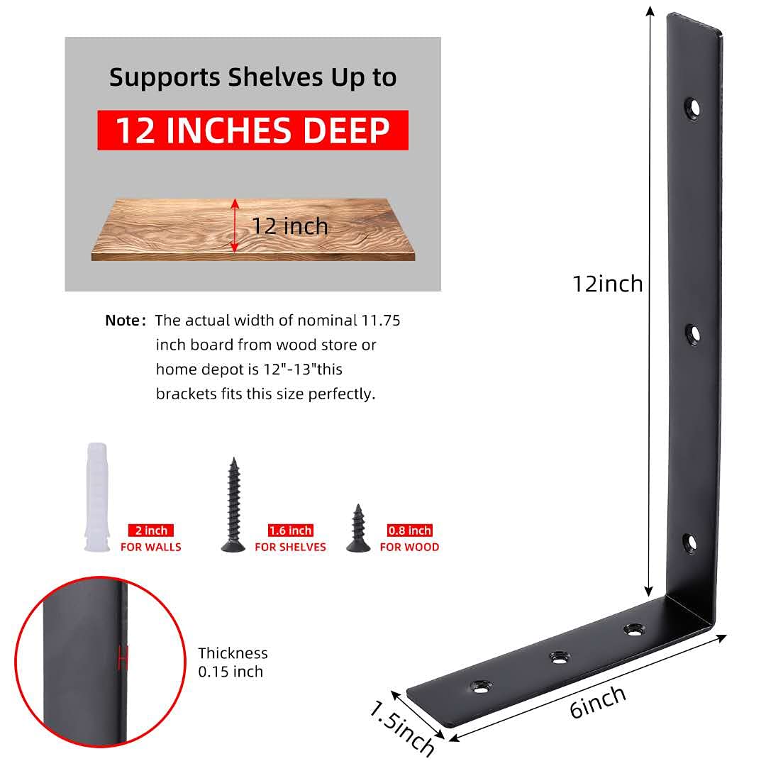 Shelf Brackets 12 Inches Black Brackets for Shelves Heavy Duty Metal