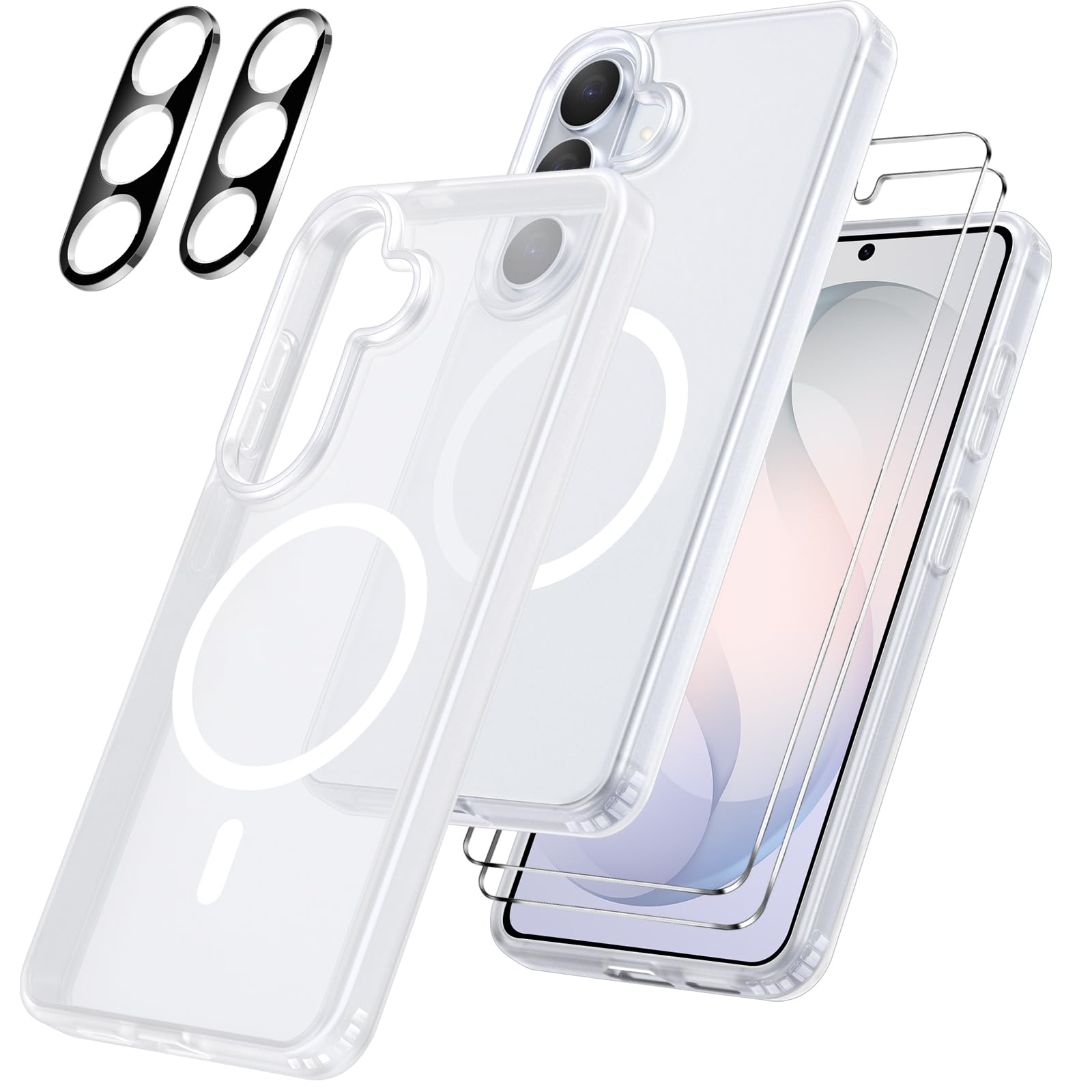 Cover per Samsung Galaxy S26 5G Compatibile con 2 vetri temperati e 2 vetri per fotocamera, Translucent Slim Back PC+TPU Bumper Shockproof Compatible Magnetic Cover - Trasparente Opaco