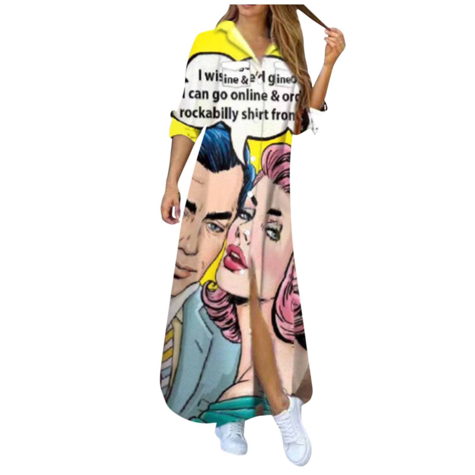 GIANTHONGOversized Women's Long Sleeve Dresses 2023 Casual Resort Dress V-Neck Button Down Trendy Print Casual Holiday Dress