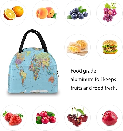 Miniatura 6 de Bolsa de almuerzo aislada reutilizable con mapa del mundo para mujeres y adultos, lonchera de alta capacidad, contenedor pequeño a prueba de fugas,