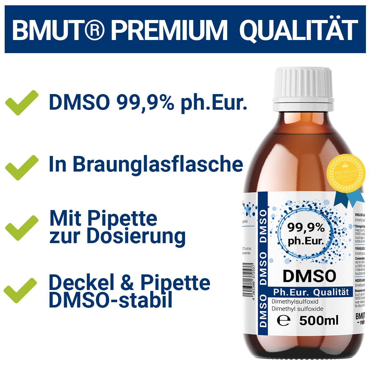 500ml DMSO 99,9% – Dimethylsulfoxid in pharmazeutischer Reinheit nach Ph. Eur. – Hochwertige Lösung in lichtgeschützter Braunglasflasche