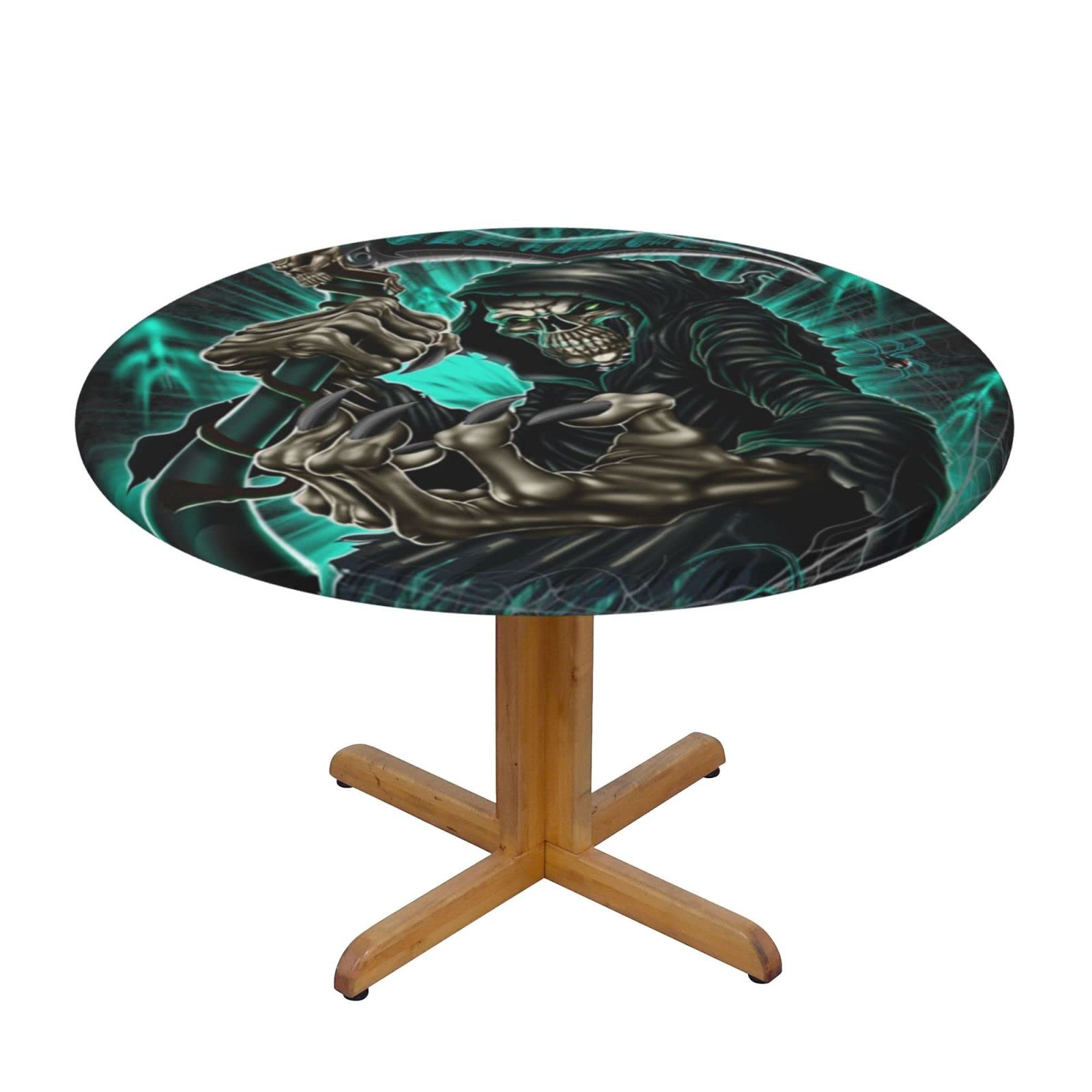 Lsjuee Round Fitted Tablecloth 40-44in Elastic Edged Table Cloth for Kitchen Dining Party Home Decor - Grim Reaper Death Skeleton Spider