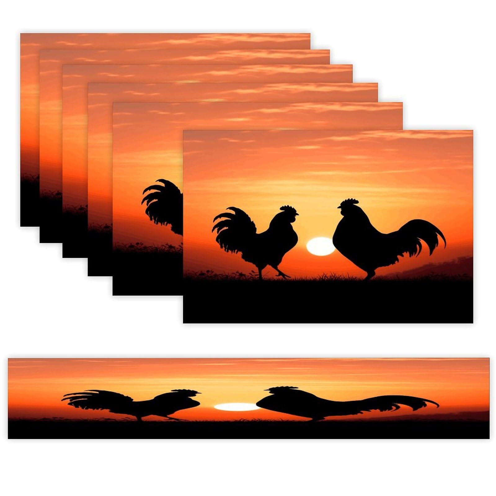 Animal Chickens Table Runner and Placemats Set of 6 Wipe Clean Heat Resistant Table Mat with Table Runner Decorations Flax Linen Place Mat Set for Home Kitchen Party Supplies