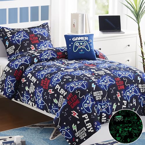 Kids Comforter Set Full Size for Boys, Glow in The Dark Gamer Bedding Set 1 Comforter, 1 Decor Pillow, 2 Pillow Shams
