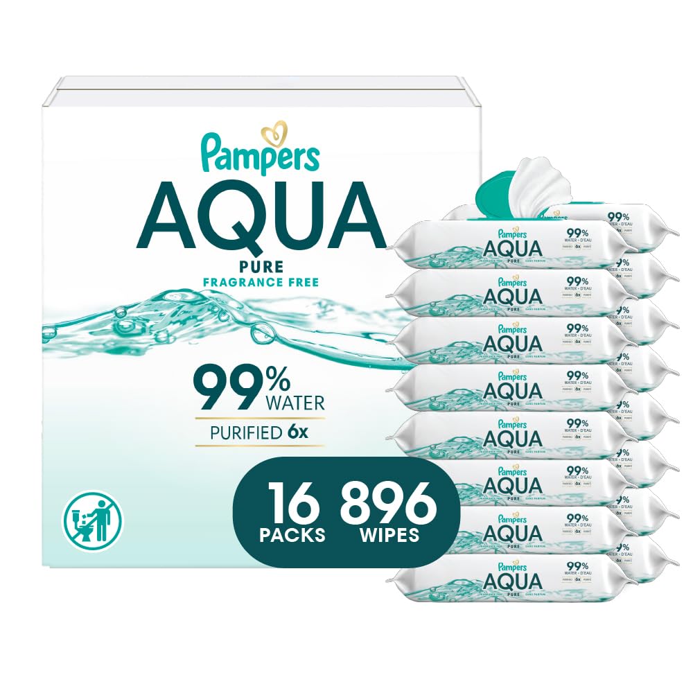 Pampers Aqua Pure Sensitive Baby Wipes, 99% Water, Hypoallergenic, Unscented (896 Count, 16 Flip-Top Packs)