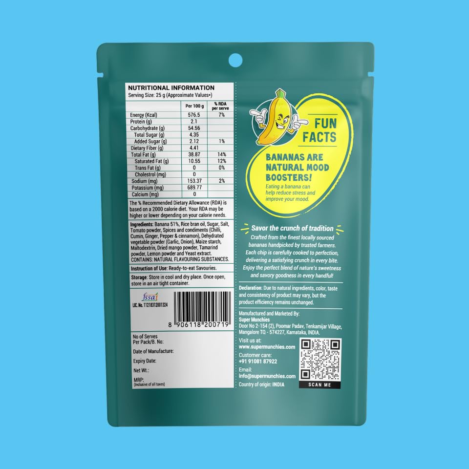 Image of Super Munchies Bold Bites Sweet & Sour Banana Chips | Vegan, Gluten Free, No Palm Oil, No Preservatives, No Artificial Colors, Zero Trans Fat, No Cholesterol, No Added MSG (Pack of 8)