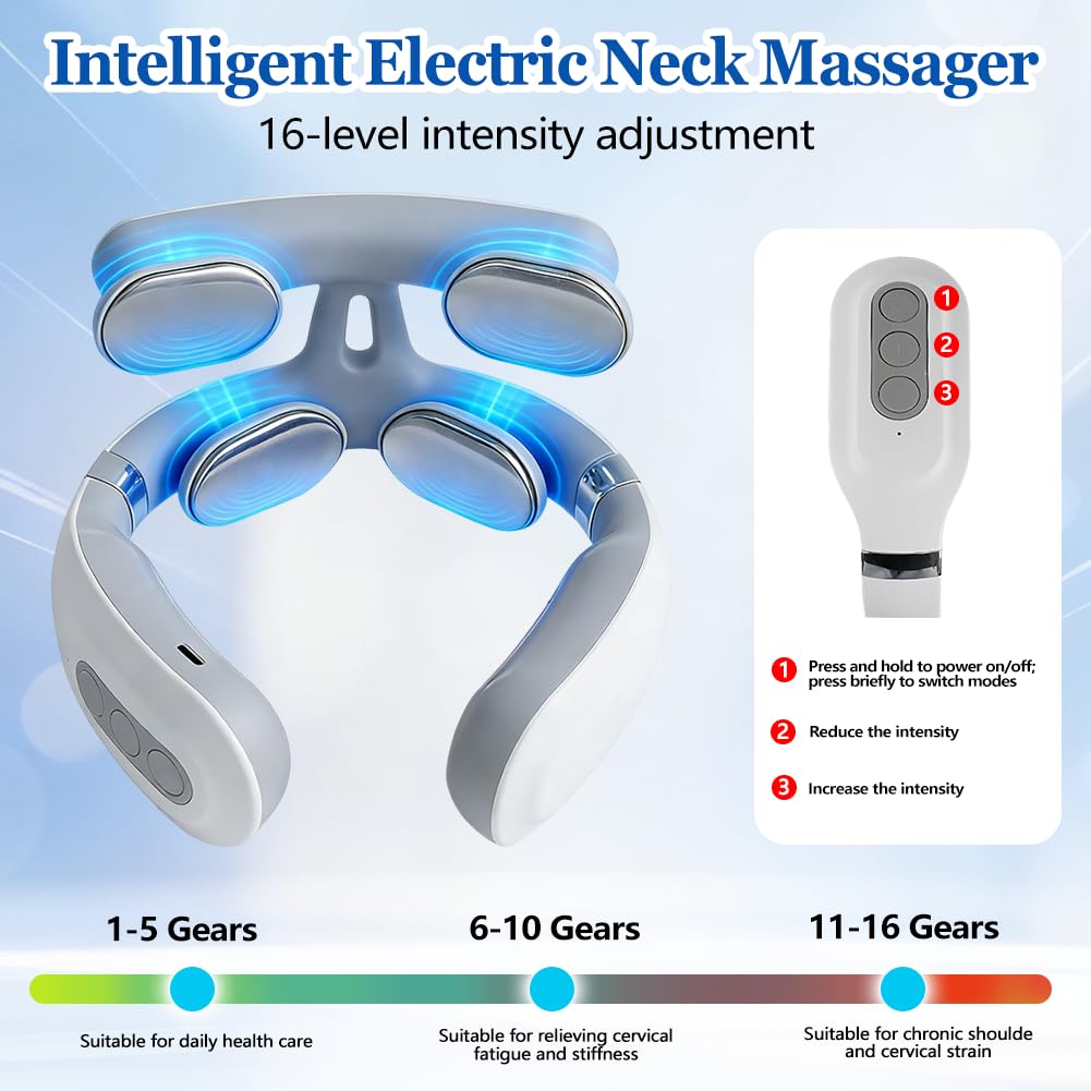 Elektrisches Puls-Nackenmassagegerät mit 42°C Wärmetherapie,4 Kopf Massage 6 Modi, 16 einstellbare Kraftstufen, Tragbar, zur Linderung von Nackenschmerzen für Büro, Zuhause, Reisen