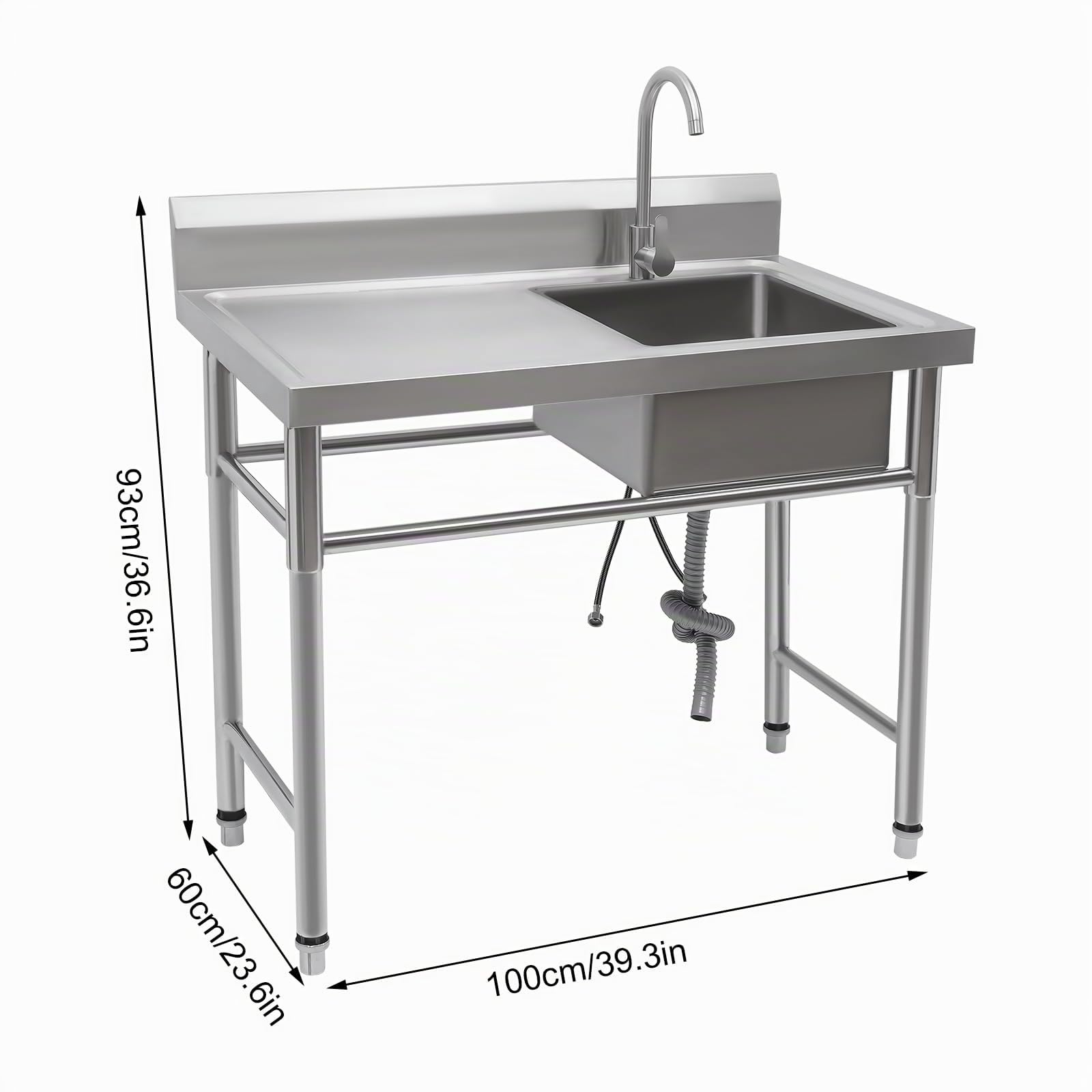 Küchenspüle Freistehende Edelstahl Spültisch 4 Wasserauslass-Modi Werkbank Spülbecken mit Arbeitsfläche für Restaurant, Garage oder Waschküche, 100x60cm (Rechts Spüle)