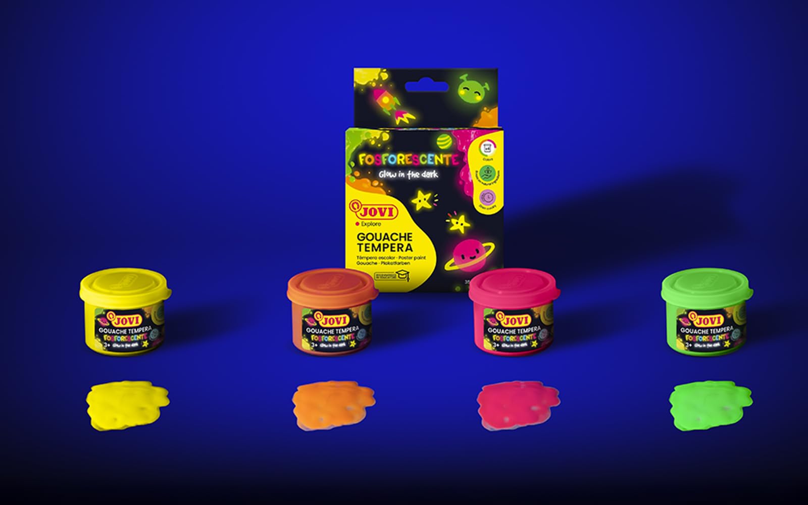 Jovi - Tempera fosforyzująca, Opakowanie 4 puszek 55ml, Farba na bazie naturalnych składników, Łatwy do mycia, Bezglutenowy, Idealny do użytku szkolnego (504)