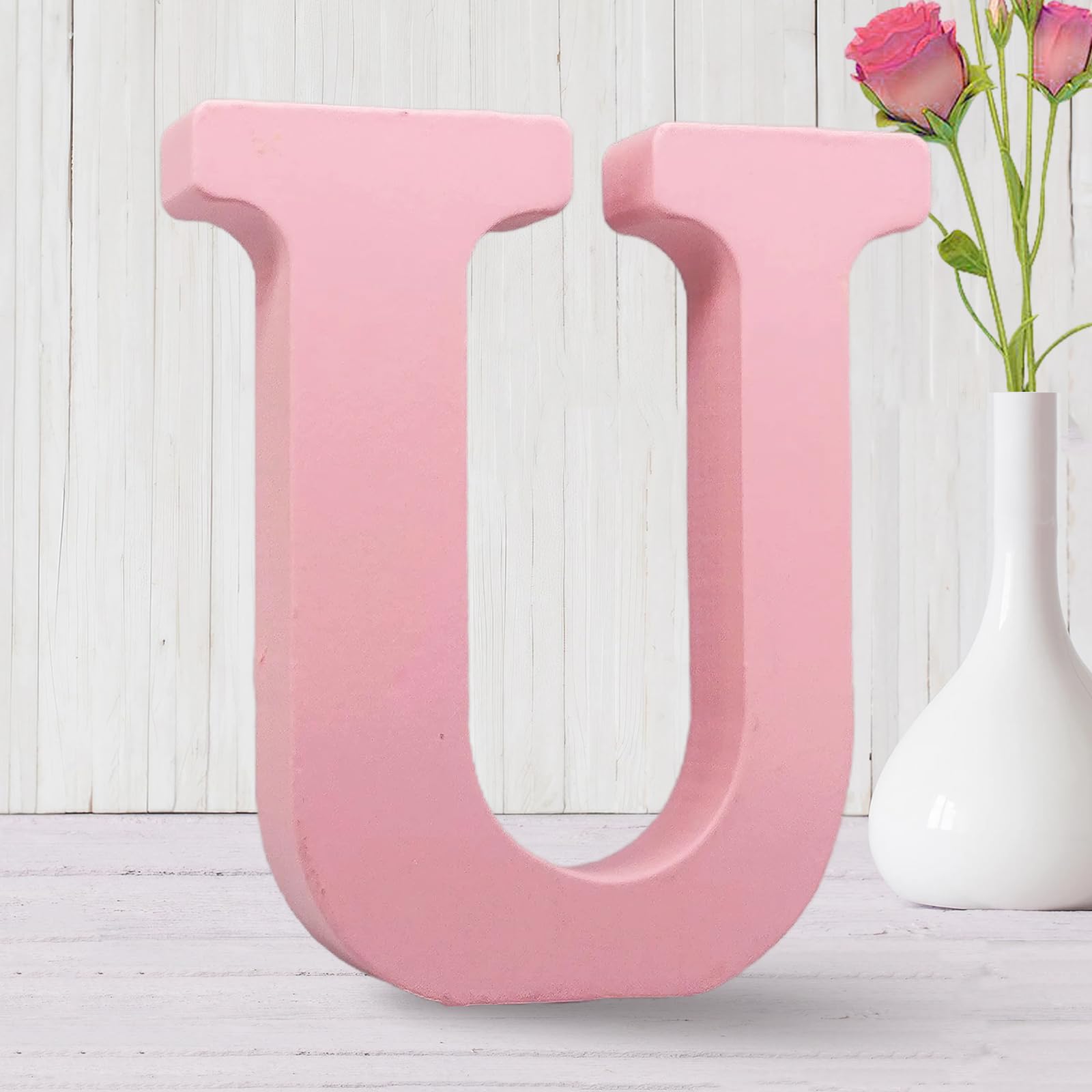 Letras de madera rosa de 6 pulgadas, letras de madera sin terminar para decoración de pared, letras decorativas de pie, rebanadas, decoración para manualidades, proyectos de fiesta en el hogar (U)