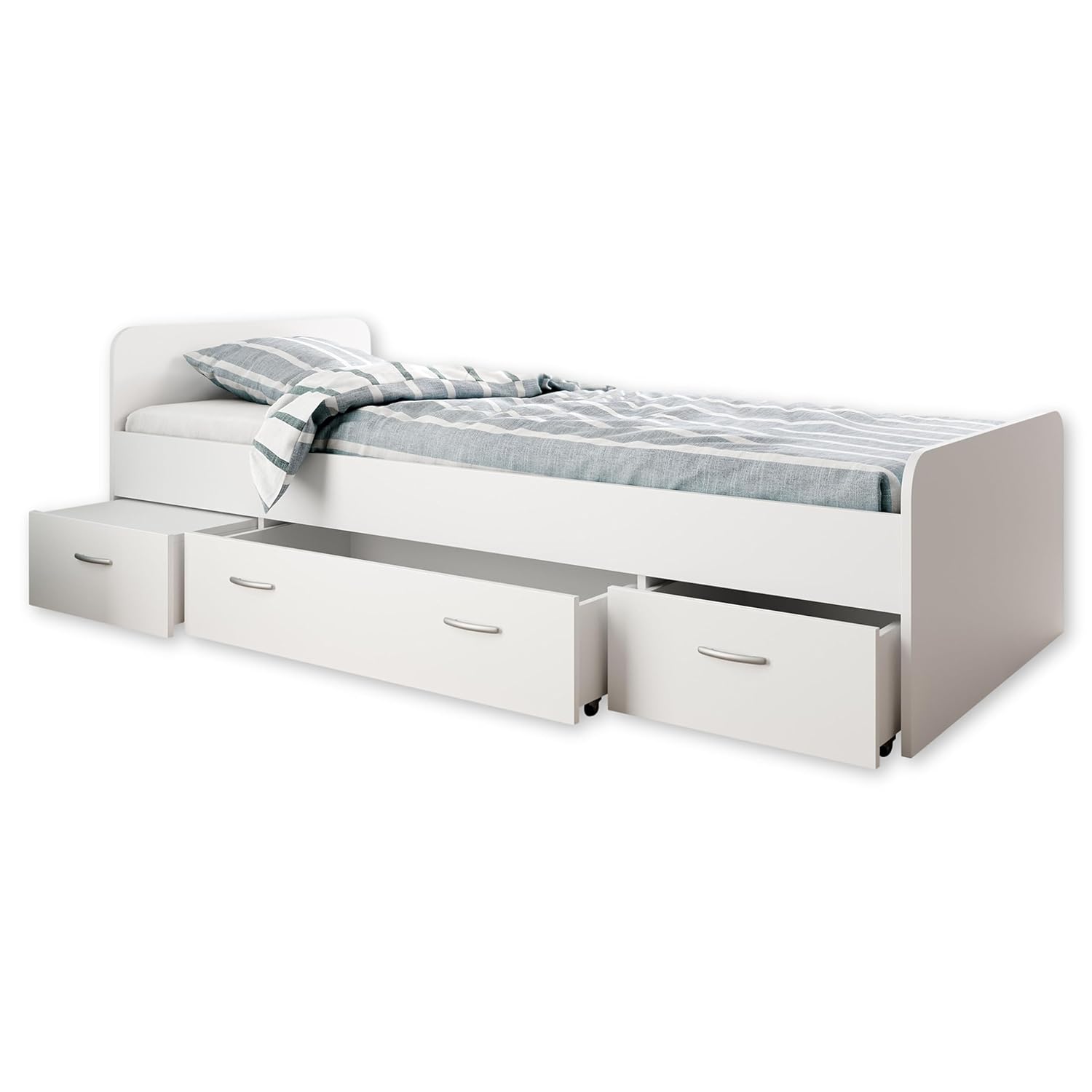 BORO Modernes Einzelbett mit 3x Schubkästen 90 x 200 cm – Praktisches Jugendzimmer Kojenbett in Weiß – 95 x 66 x 204 cm (B/H/T)