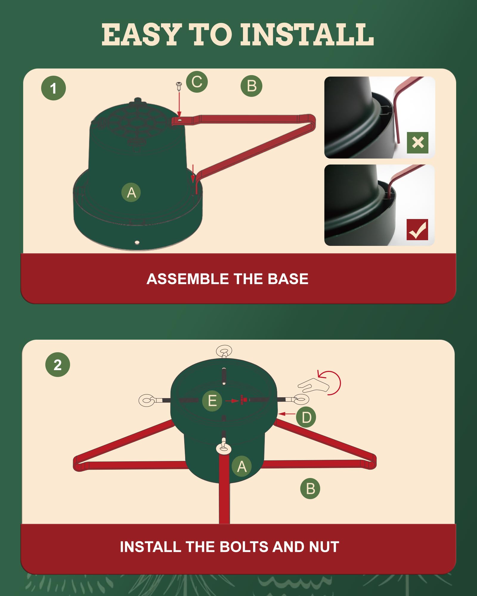 PUDO Base Albero di Natale: Supporto per Albero di Natale con Serbatoio d'Acqua Adatto Christmas Tree Stand per Alberi Fino a 2 m con Tronco da 3 a 12 cm Trendy Verde Rosso