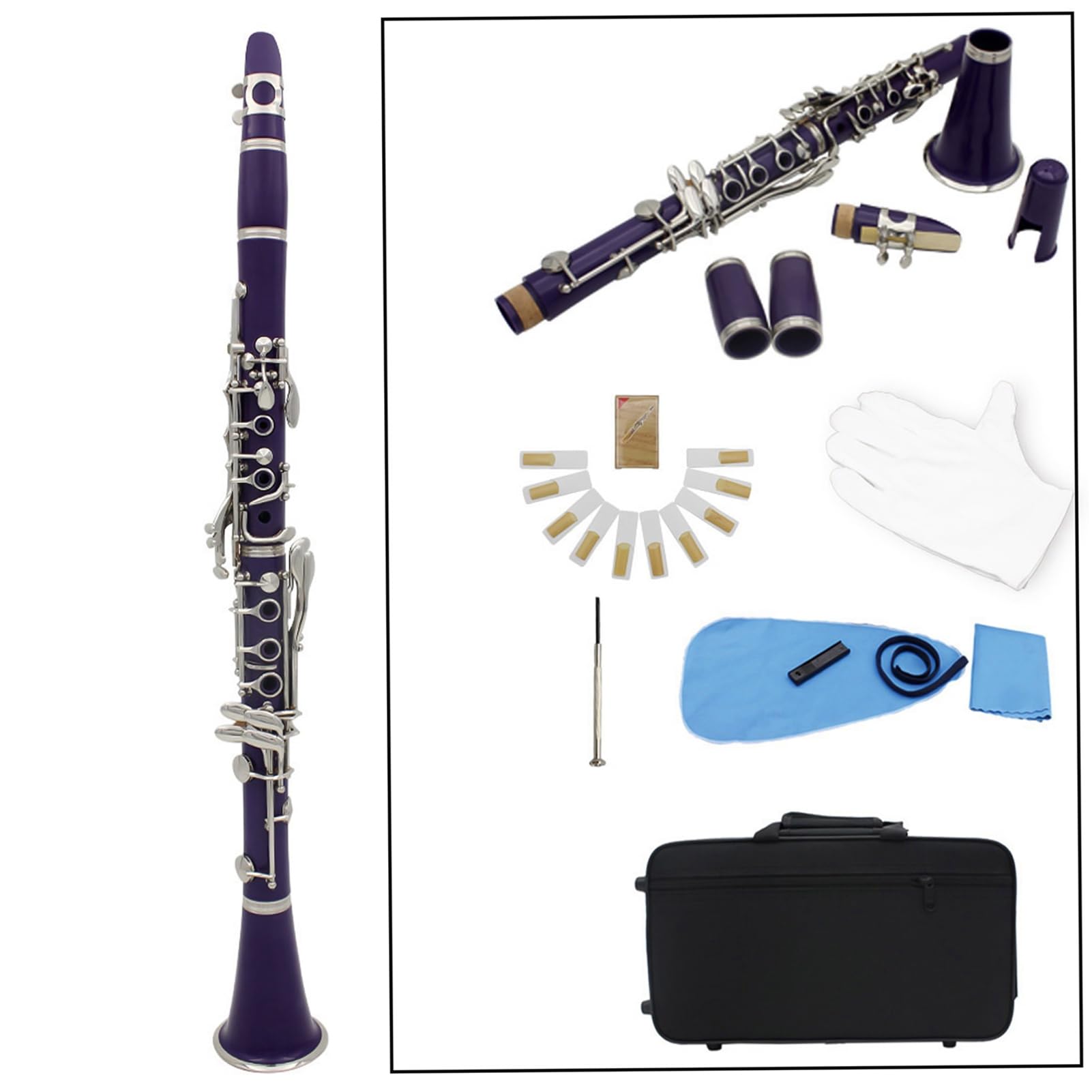 Clarinete BB de 17 Llaves, Instrumento Profesional de Viento de Madera, Diseño de ABS Liviano con Guantes, Tela de Limpieza, Destornillador y Estuche de Almacenamiento