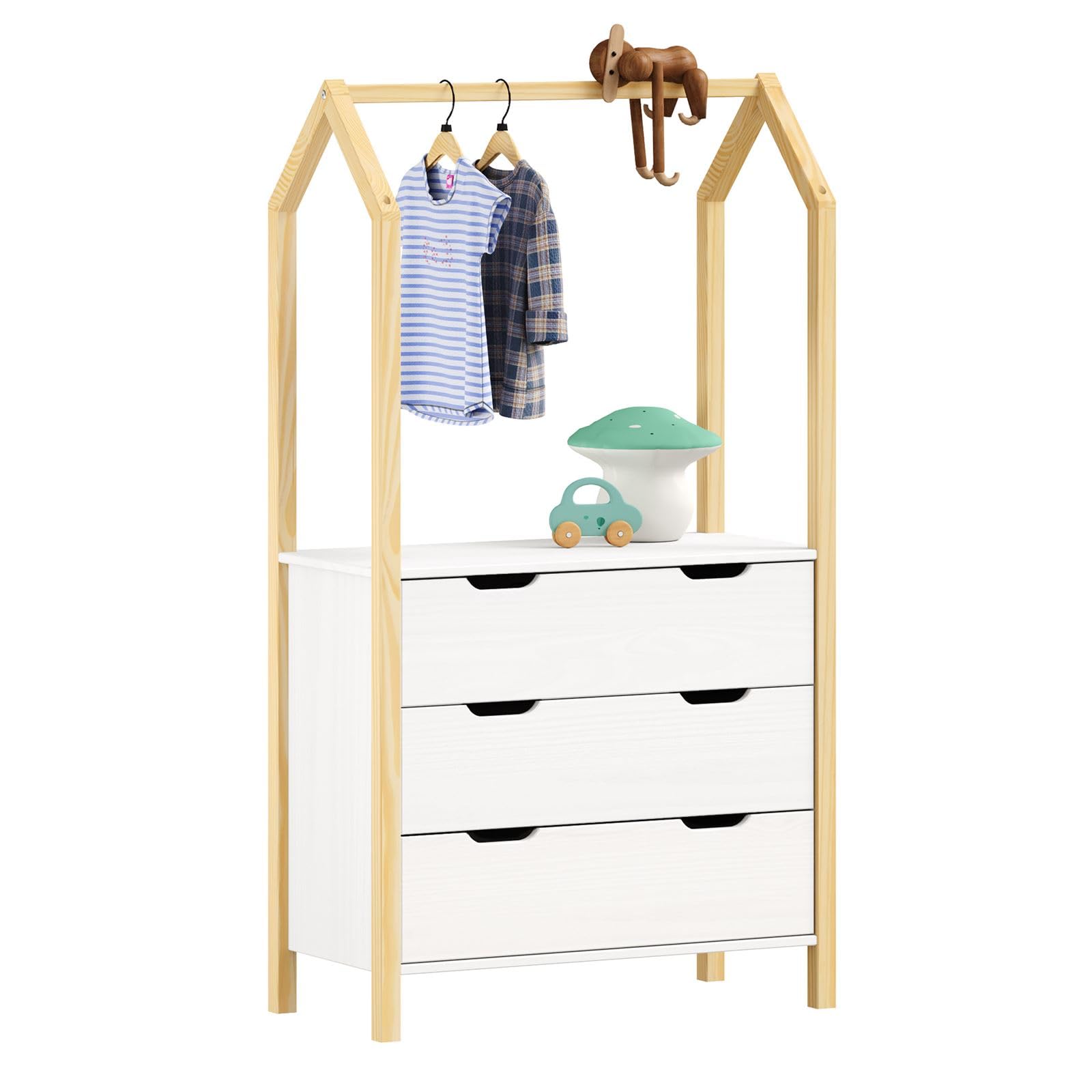 Commode enfant AMIRA H 152 cm en bois massif coloris naturel et blanc type Montessori avec 3 tiroirs et 1 tringle, meuble de rangement pour chambre enfant en forme de maison, pour garçon ou fille