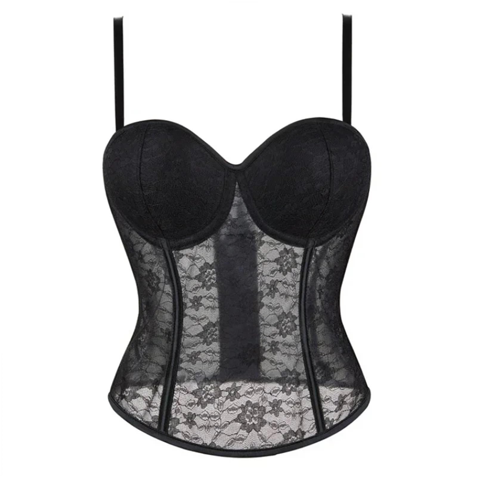 Corset Mujer Corsé sexy con bordado de encaje, elegante, push-up, lencería tirantes finos, top transparente, chaleco tipo halter