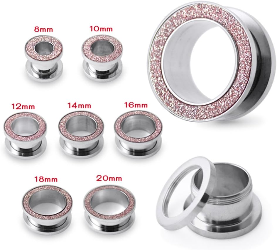 Pink Glitter Inlay 316L Surgical Steel Flesh Tunnel Gauge Ear Piercing Body Jewelry